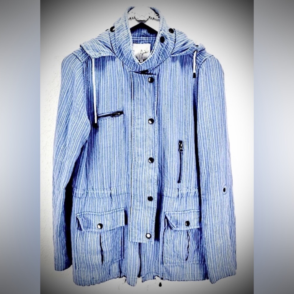 Joie Cargo Striped Utility Jacket Hooded Lightweight Linen in Blue & White Sz. S